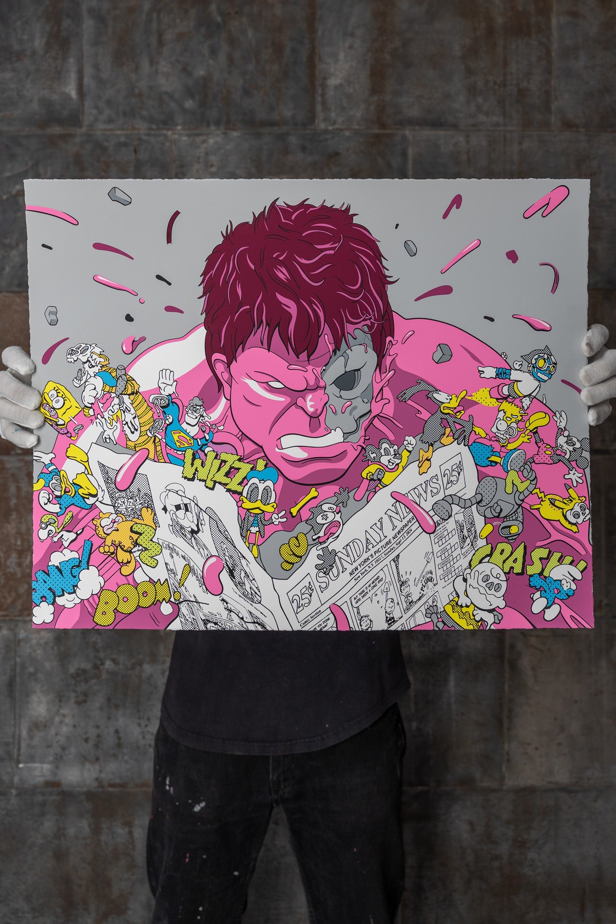 Screenprint: Pink Hulk Reading Newspaper