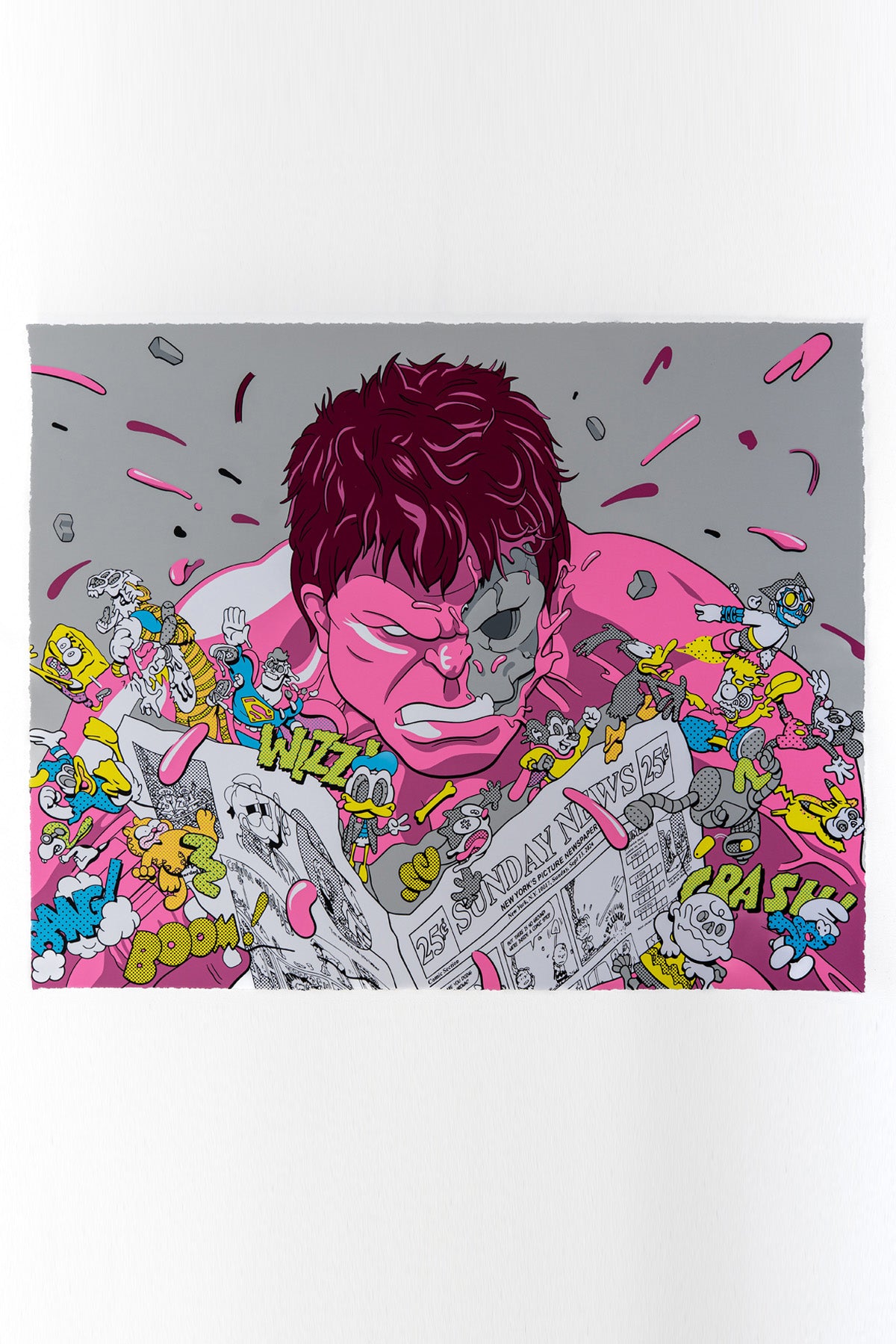 Screenprint: Pink Hulk Reading Newspaper