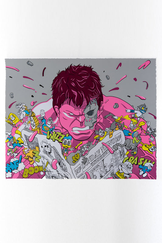 Screenprint: Pink Hulk Reading Newspaper